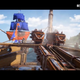 A first-person view of a pirate ship battle looks down a crossbow.